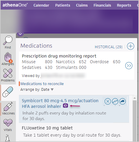 Medication list with the Epocrates icon available from a medication row.