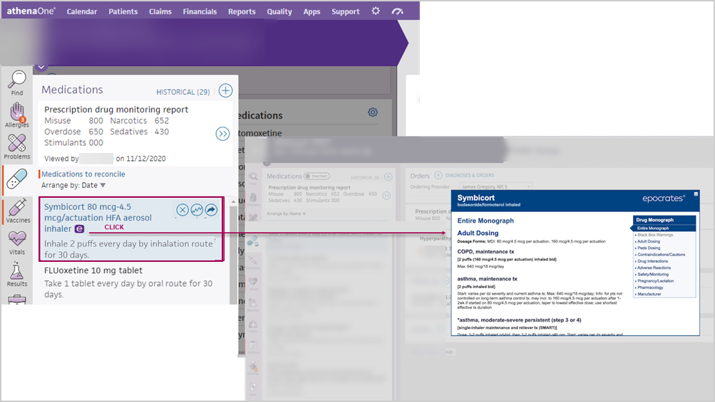 Epocrates drug information pop-up window.