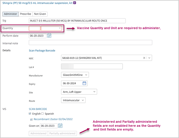 Vaccine order with empty quantity and unit fields highlighted and the Administered and Partially administered buttons disabled.