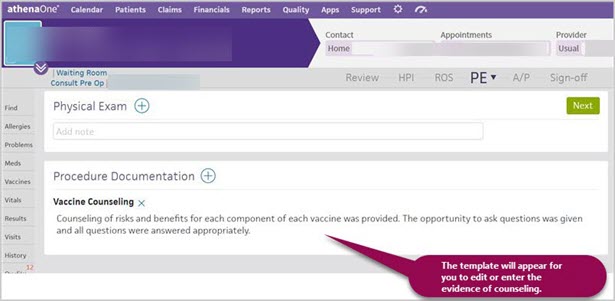 Vaccine Counseling procedure documentation template open in the encounter.