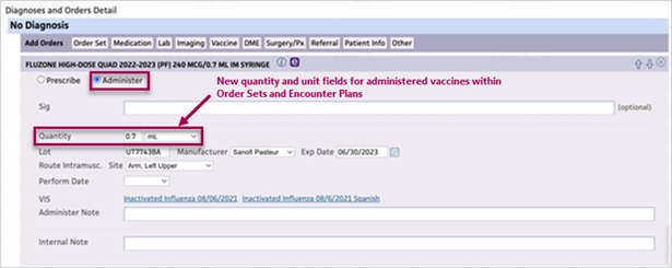 Vaccine order in Administer mode with the Quantity value and unit fields highlighted.