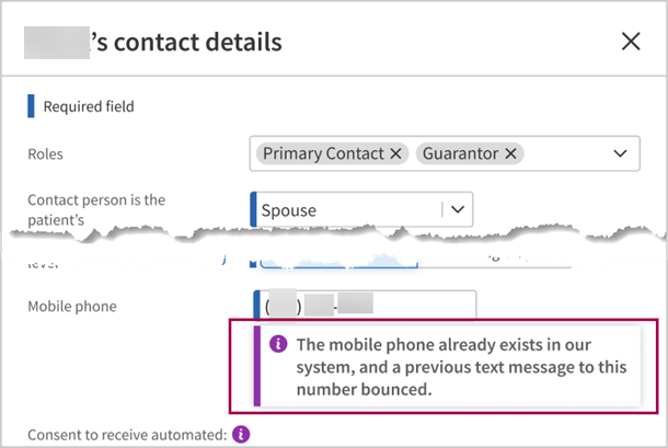 The moblie phone already existis in our system, and a previous text message to this number bounced.