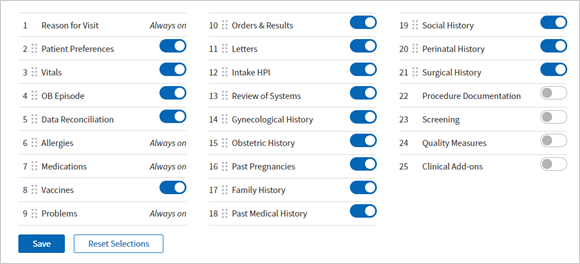 Lists all Intake checklist sections with a toggle next to the sections you can turn off and on. Sections that are always on state "Always on" in place of the toggle.