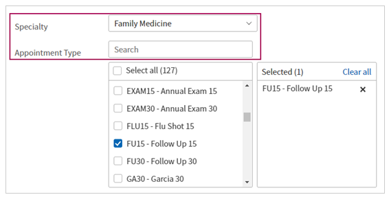 Shows the Specialty and Appointment Type fields on the Configure Intake page.