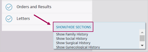 The Show/Hide Sections option appears at the bottom of the Intake checklist. Click to see a list of actions you can take, such as "Show Family History."