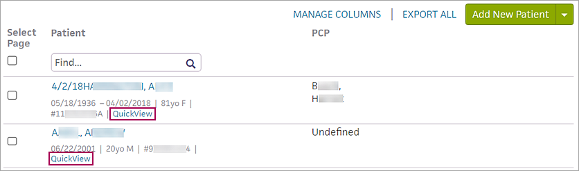 A row on the Patient tab of the Patient Population page shows the Quickview link to the right of the PCP name.