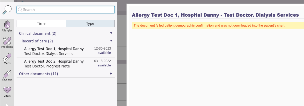 The document failed patient demographic confirmation and was not downloaded into the patient's chart.