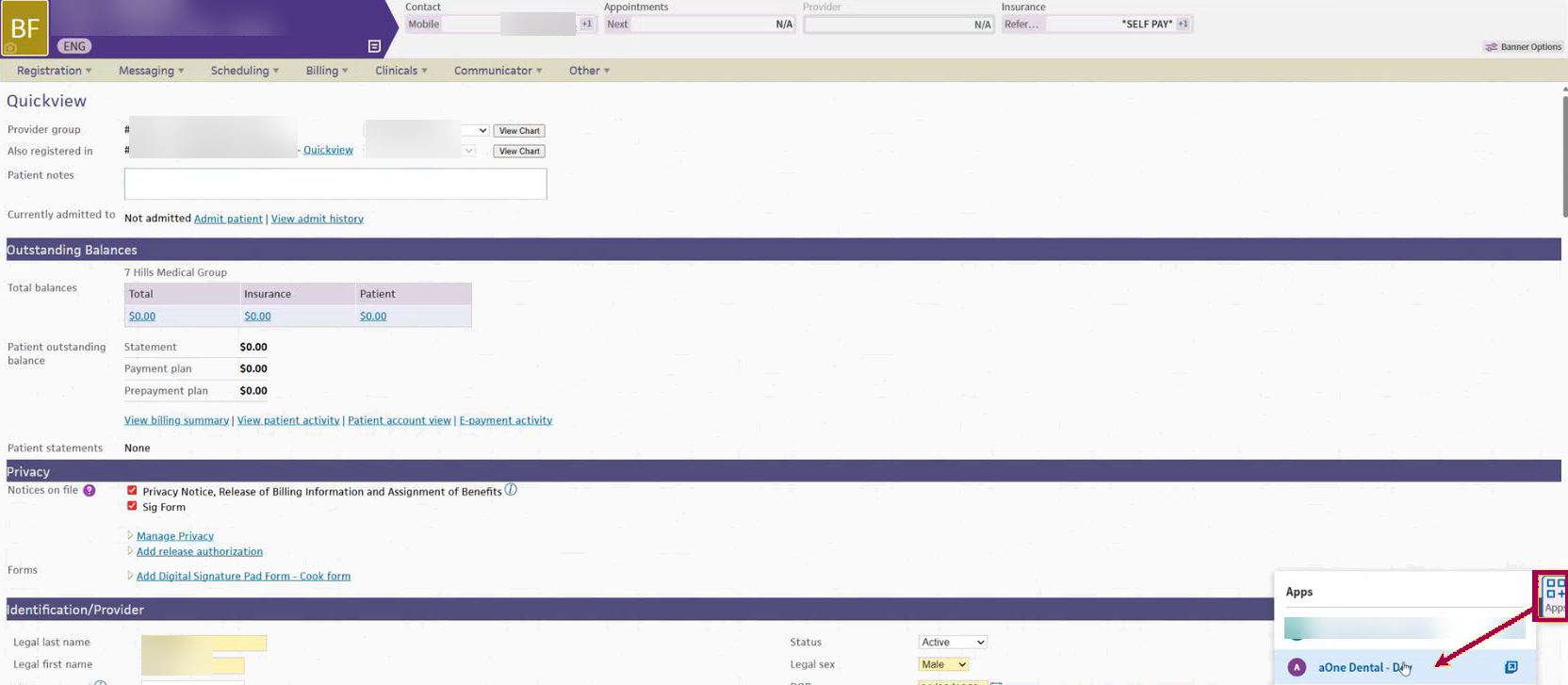 athenaOne patient with the Apps button selected 