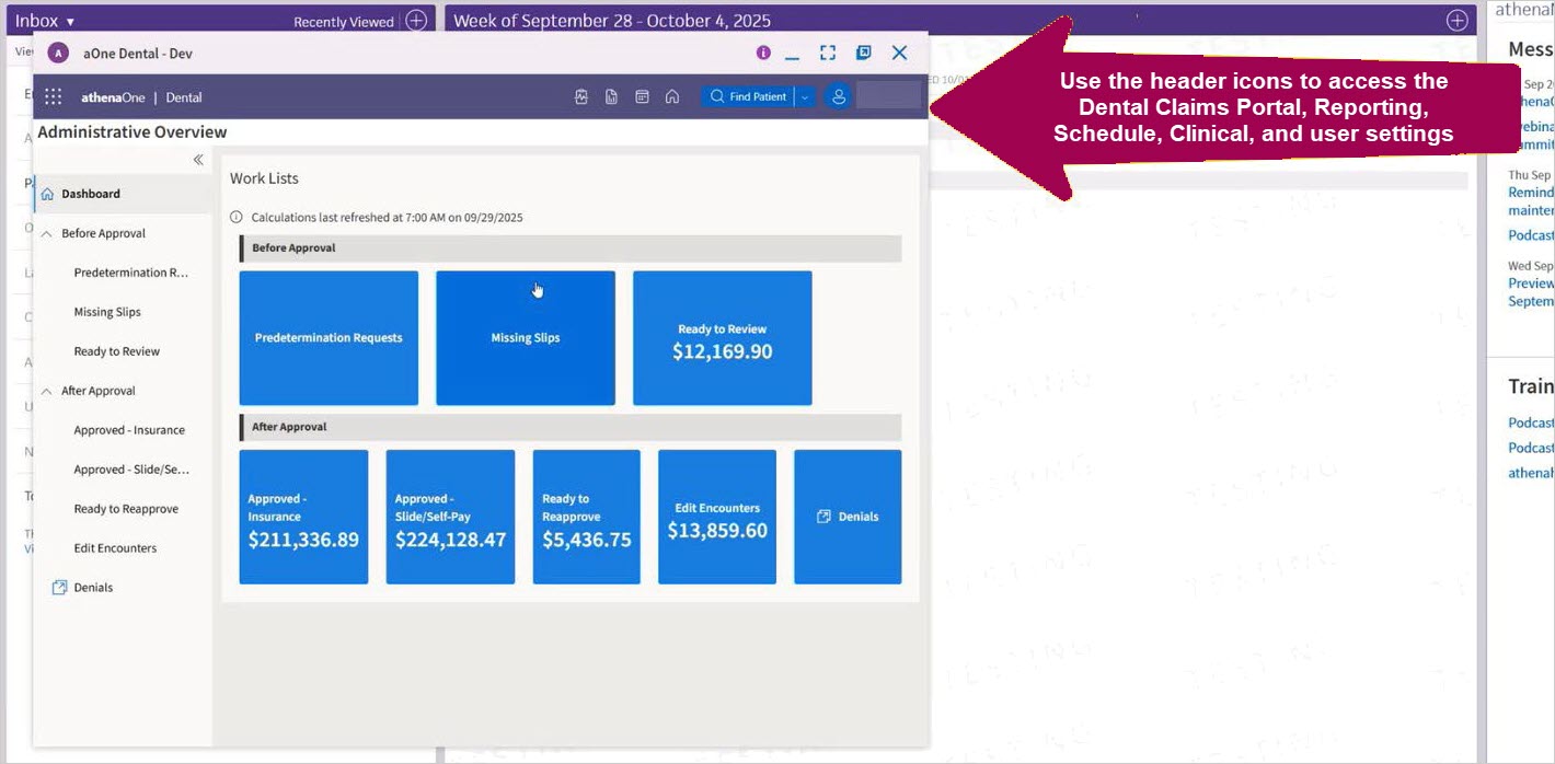 the athenaOne page with the dental window open