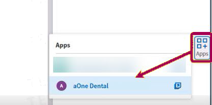 athenaOne main page showing the apps button and the aOne Dental option.