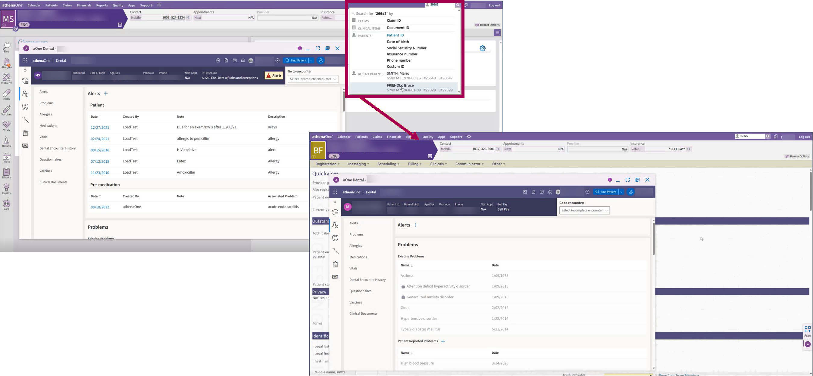 images showing the patient selector and changing patients with the dental window in the newly selected patient.